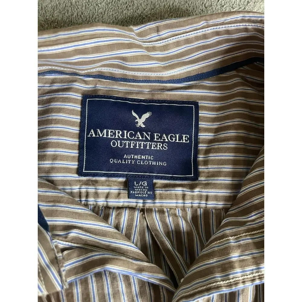 American Eagle Men's L Vintage Fit Striped Button Down Shirt Brown Tan Long SLV